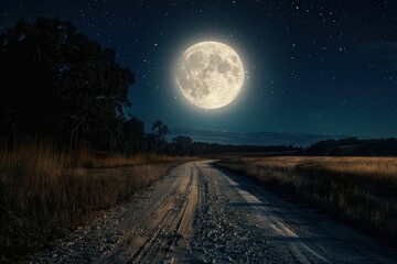 rural road lit by large moon at night