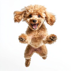 an adorable fluffy brown poodle chasing a white ball.