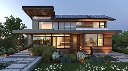 Wall Mural - Modern Luxury Home with Solar Panels and Landscaped Yard at Dusk