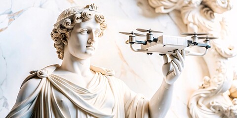 Ancient Wisdom Meets Modern Technology: A Classical Figure with a Drone. An artistic blend of classical antiquity and modern innovation.