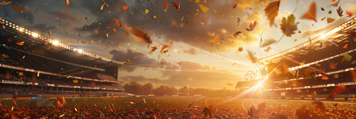 A football stadium at sunset, with falling leaves symbolizing the end of the season, the excitement of the game, and the beauty of nature, all creating a sense of nostalgia.