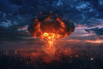 Wall Mural - Generative ai on theme of scary nuclear explosion in outdoor, mushroom cloud of nuclear weapons