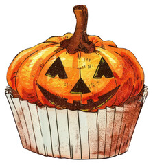 Sticker - PNG  Halloween-themed pumpkin cupcake illustration