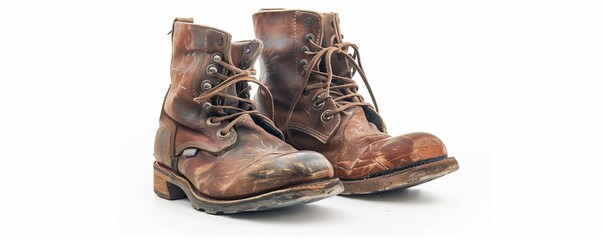 Pair of vintage leather boots on white background, 4K hyperrealistic photo