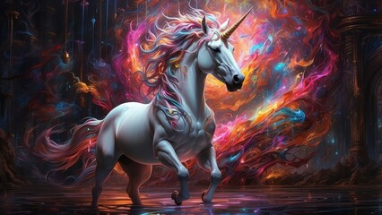 In the center of a swirling vortex of colors, a genetically modified unicorn stands majestically against a backdrop of neon lights and metallic tubes. This breathtaking scene is depicted in an intrica