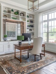 Elegant villa home office with white walls, dark wood floor, glass shelves, and minimalist design featuring a desk, large window, and colorful rug.