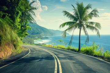 Scenic coastal road with palm trees and tropical sea view