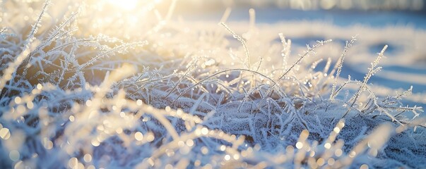 Wall Mural - Chilly winter morning with frost-covered grass glistening in the sunlight, 4K hyperrealistic photo