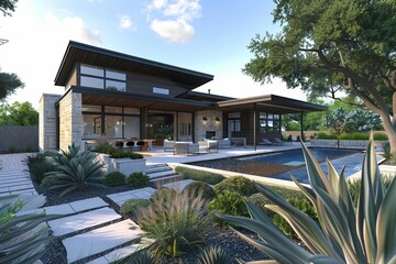 Wall Mural - Modern House with Swimming Pool and Lush Landscaping