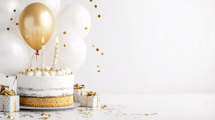 Birthday cake with candles burning near balloons and gift boxes on white background with falling confetti