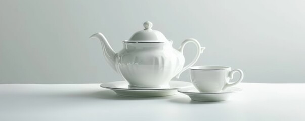 White porcelain tea set on white background, 4K