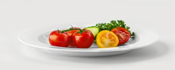 Wall Mural - White ceramic plate with vegetables on white background, 4K hyperrealistic photo