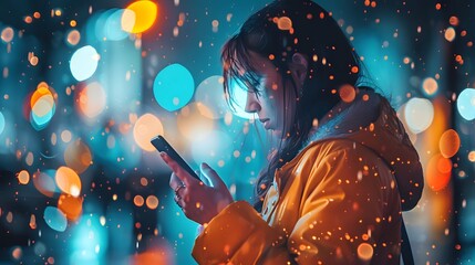 A woman holding her phone in the rain, city lights through a window