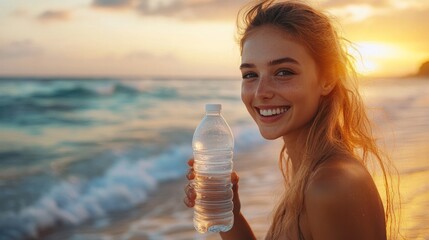 A smiling woman drinking water from a bottle at sunset on the beach, with the tranquil waves and warm colors of the sky creating a peaceful atmosphere.