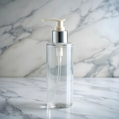 A clear glass cleanser bottle with a sleek white plastic