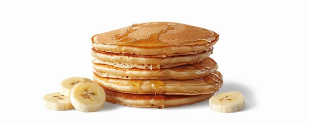 Wall Mural - Stack of fluffy pancakes with banana slices on white background, 4K hyperrealistic photo