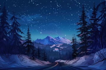 Scenic winter night drive with empty road and starry sky