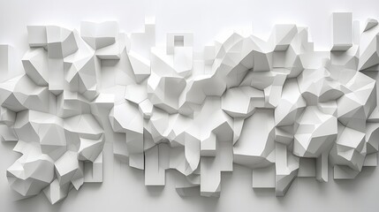 31. Abstract 3D wall art with complex, layered shapes creating a futuristic geometric pattern isolated on white.