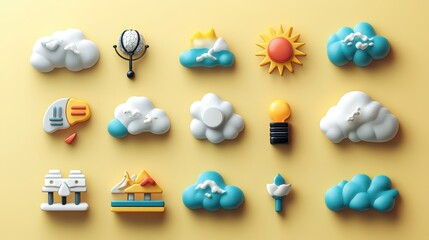 set for weather isolated elements,weather icons of clear sun, cloudy sky, snowfall, windy, thunderst