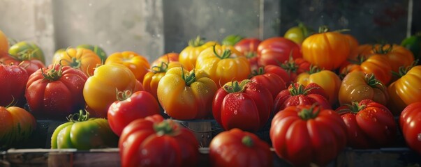 Heirloom tomatoes in various colors, 4K hyperrealistic photo