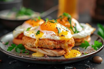 Wall Mural - Tasty Eggs Benedict with poached eggs and chicken cutlet