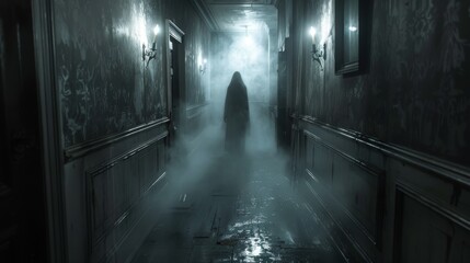 A shadowy figure stands in a dimly lit hallway, shrouded in fog, suggesting a haunted or supernatural presence. The atmosphere is unsettling and mysterious, creating a sense of dread and anticipation.