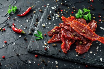 Poster - Tasty veal or turkey jerky with seasoning on concrete