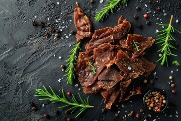 Poster - Tasty veal or turkey jerky with seasonings on concrete