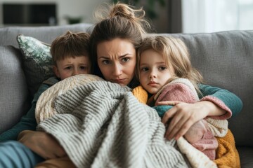 Caring mother wrapping sick children in blanket while sitting on sofa, Generative AI