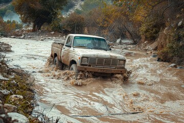 Wall Mural - Truck goes off roading in Antalya mountains muddy river