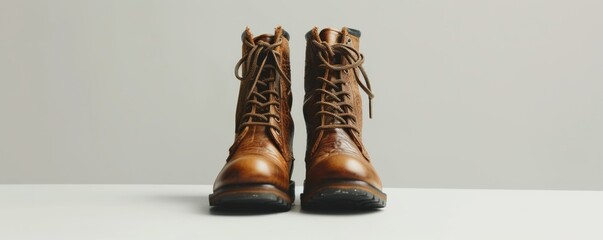 Pair of stylish leather boots on white background, 4K hyperrealistic photo