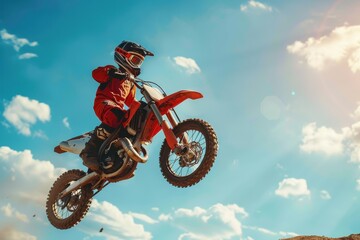 Wall Mural - Young racer on motorcycle competes in motocross performing high jumps and tricks against the sky Embracing extreme sports for thrill seeking