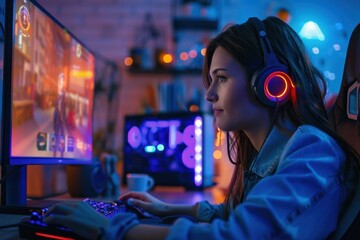 Young woman gamer with headphones plans to livestream games at home Happy Gamer competes in online video game tournaments on neon lit deskto