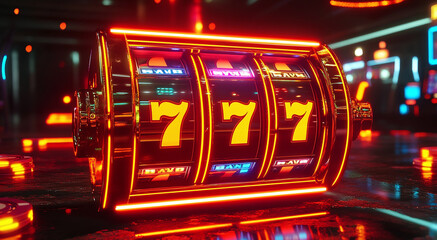 neon slot machine wins jackpot, close-up. Casino concept