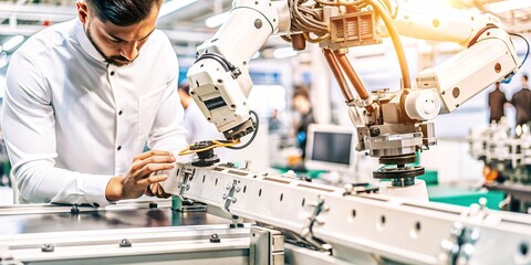 Engineer Operating Robotic Arm in Modern Factory. A skilled engineer in a white lab coat and safety gear operates a sophisticated robotic arm in a high-tech manufacturing facility. 