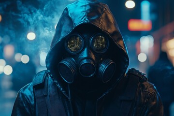 Fictional cyberpunk character in a leather hoodie and gas mask at night. Concept Cyberpunk, Fictional Character, Leather Hoodie, Gas Mask, Night Scene, Generative AI