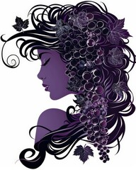 Wall Mural - It's an illustration of a woman with purple grapes in her hair and around her head.