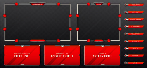 Wall Mural - stream overlay webcam screen frame and stream alert gui panels in red, silver and metallic black for