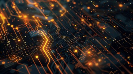 Wall Mural - The image showcases a close-up view of a circuit board, with intricate lines and glowing points of light. The image symbolizes technology, connectivity, data flow, and the digital age.