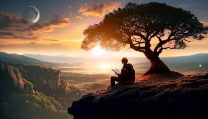 A man reading a book alone on a peaceful cliff under a tree at sunrise and magnificent views