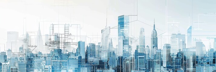 Wall Mural - This image depicts a modern cityscape with construction and innovation. The city's skyline is dominated by tall skyscrapers, while construction cranes symbolize growth and development.  The lines conn