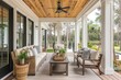 © JIALU - Charming white and wood front porch with pine cove ceiling bathed in natural light, highlighting cozy outdoor living space.