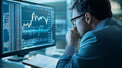 Wall Mural - A financial analyst examines stock market charts on a computer screen, with a notepad nearby showing notes on dollar-cost averaging strategies. The image provides ample copy space for text or design