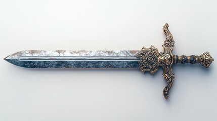 Ancient ceremonial sword with ornate designs, weathered patina,