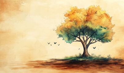 Wall Mural - Watercolor tree background with dark wood texture for design banner and copy space, Generative AI