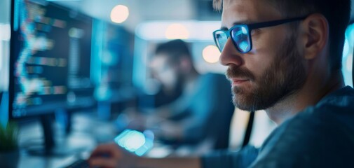A focused programmer working on a coding project in a modern tech environment with multiple screens and soft lighting.