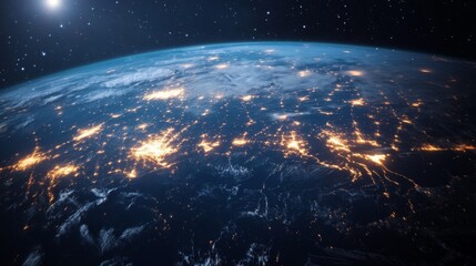 Earth at night from space with city lights shining.