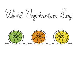 Wall Mural - World Vegetarian Day.Abstract set of fruits slice of lemon,orange, lime. continuous one line art hand drawing sketch, logo