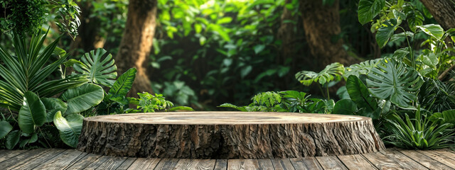 Poster - Round wooden platform deep in a tropical forest surrounded by lush green plants