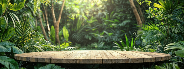 Wall Mural - Empty round wooden platform surrounded by tropical leaves in the forest